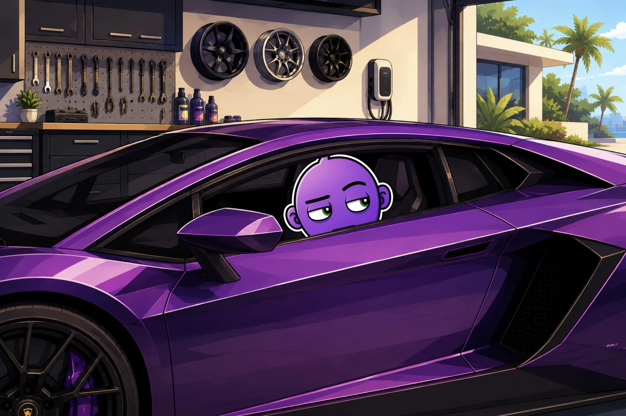 FACE looking out of the window of a purple supercar in a garage