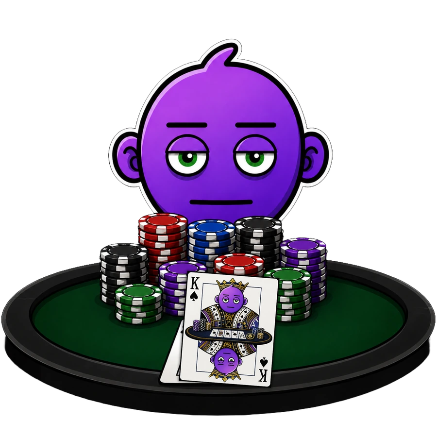 FACE, the floating purple character wearing a completely flat poker face