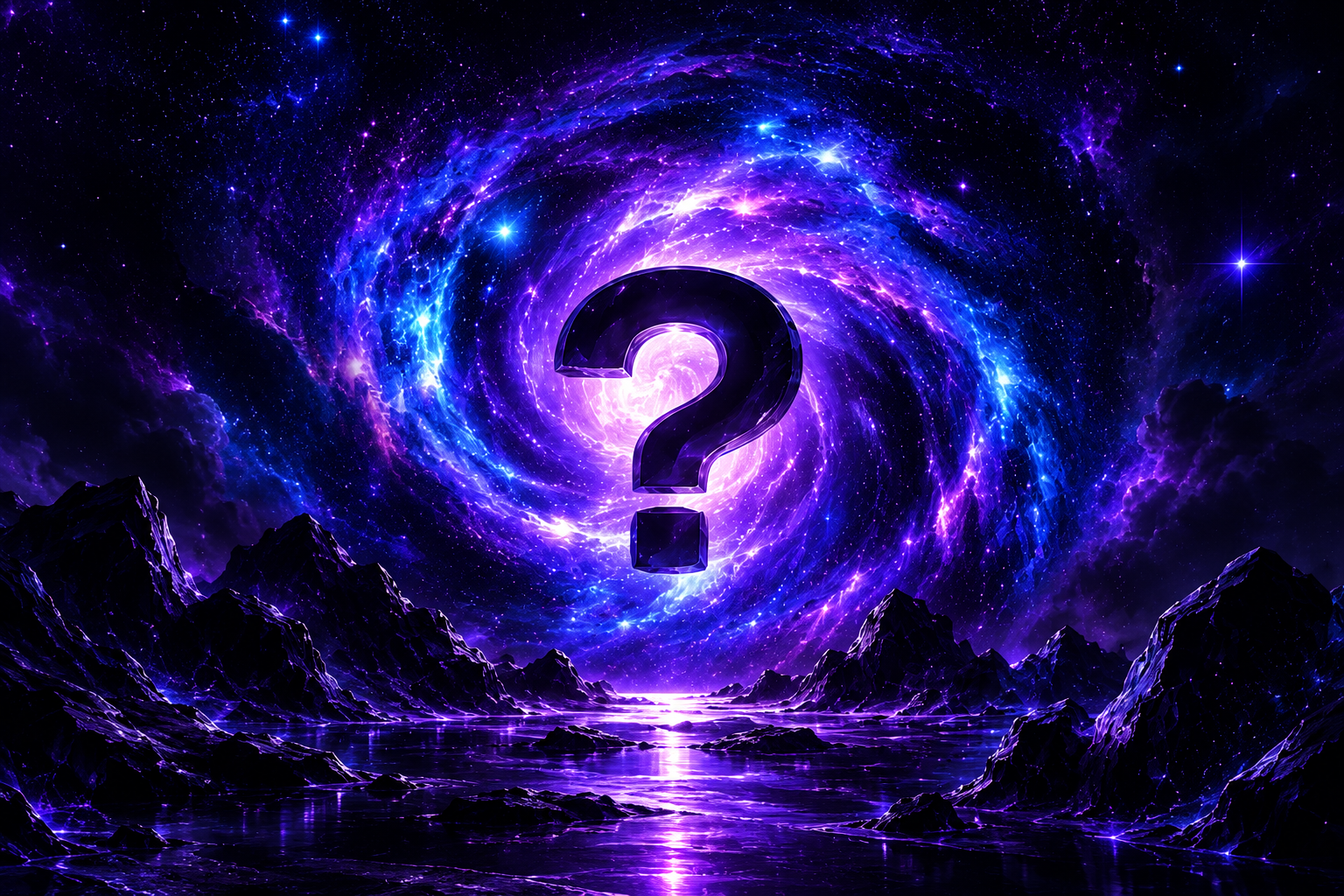 A question mark suspended in a violet galaxy above a dark crystalline landscape