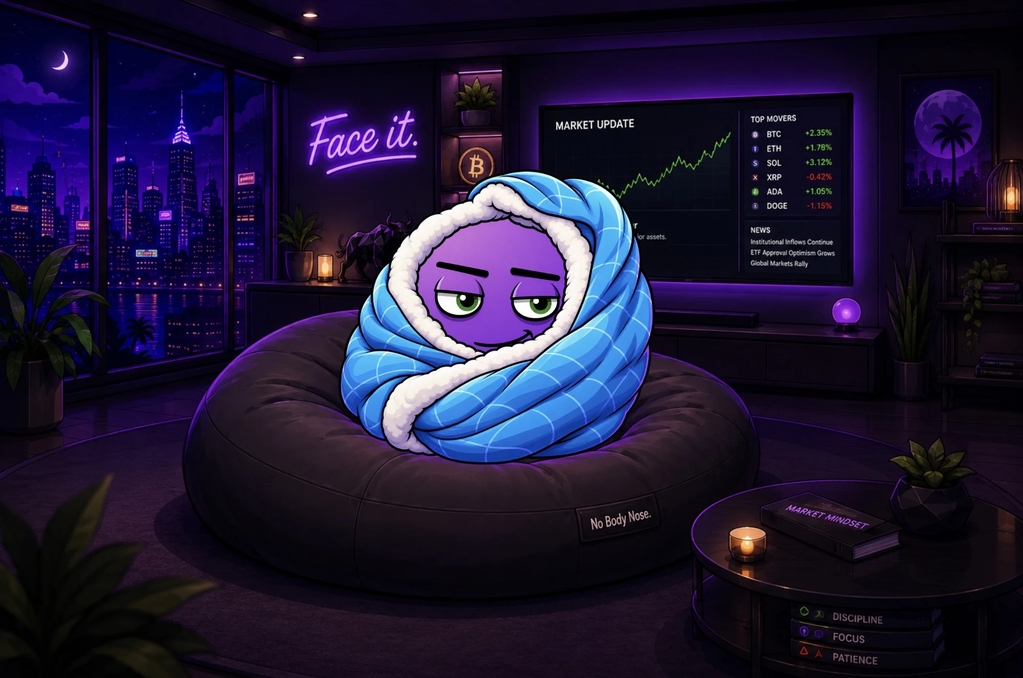 FACE wrapped in a blanket on a beanbag in a dark living room at night