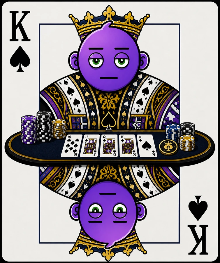 FACE, the floating purple character illustrated as a playing card