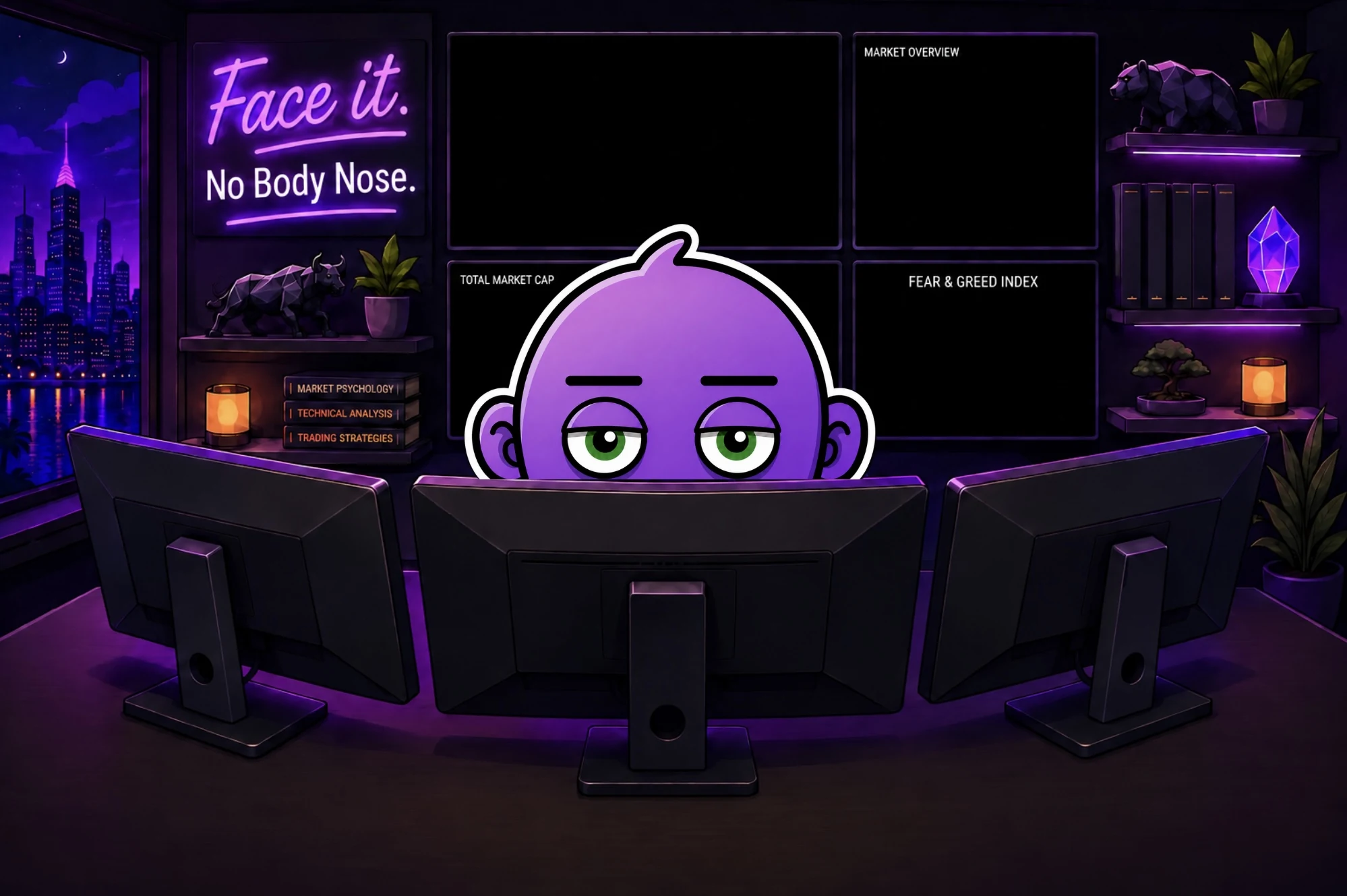 FACE peering over a desk of monitors in a dark trading room with four blank wall displays